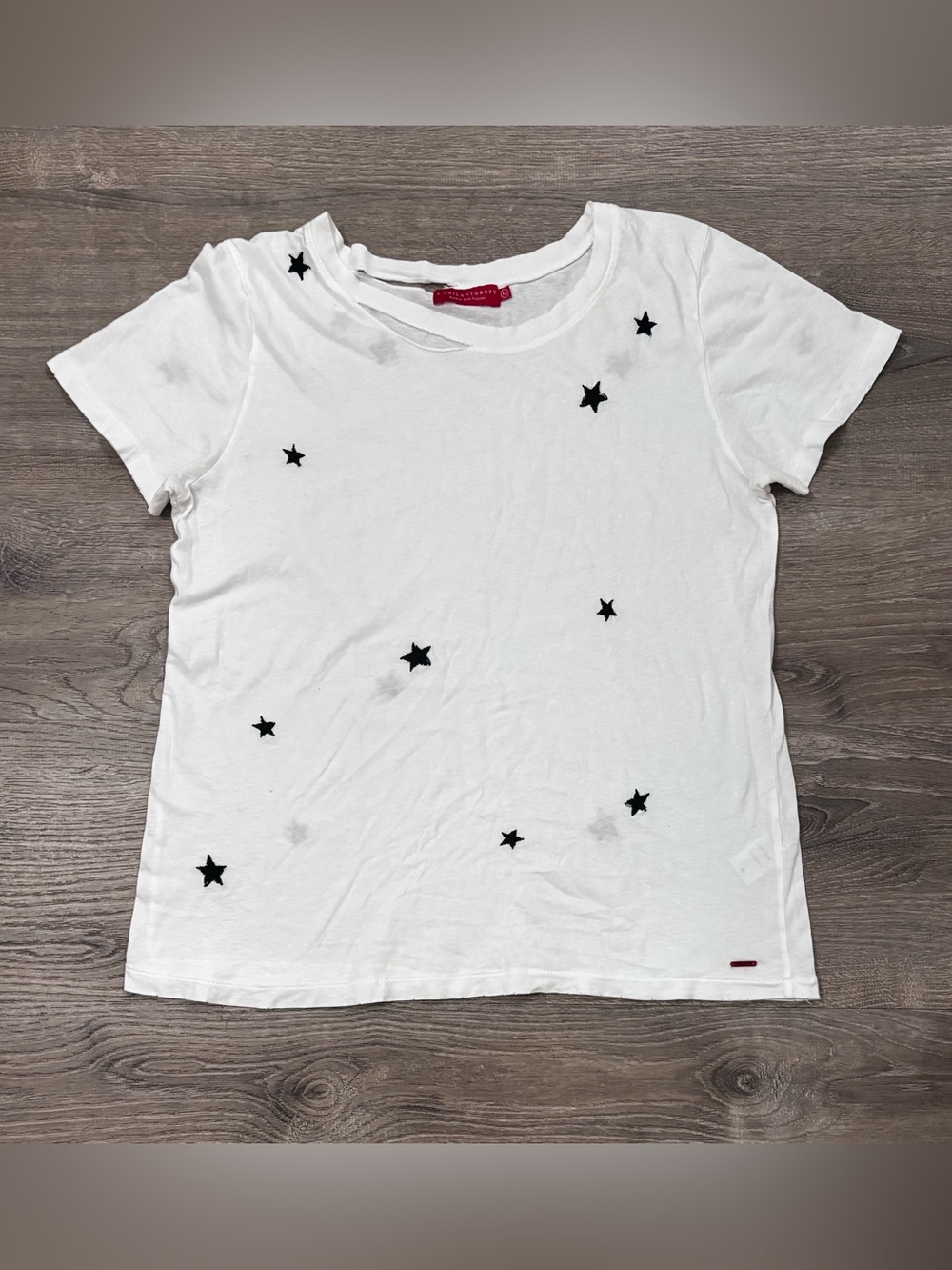 n:PHILANTHROPY Distressed Neck White Tee with Black Embroidered Stars